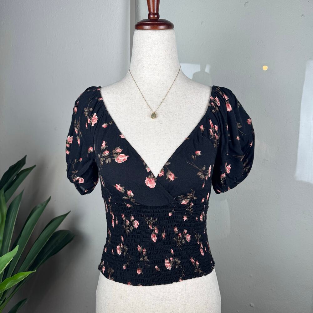 Whimsigoth Girly Grunge Black Floral Puff Sleeve Reformation Alta Top Size XS